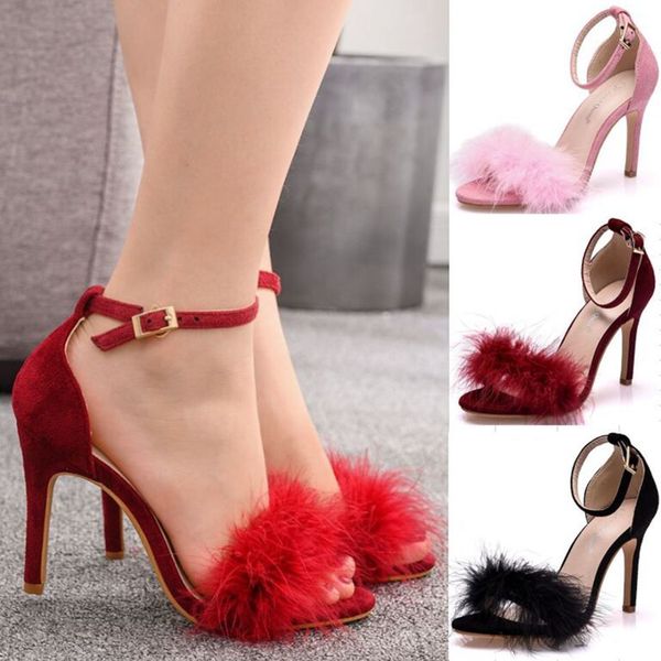 

crystal queen women summer shoes fluffy peep toe stilettos high heels shoe woman fur feather lady wedding sandals large size 42, Black