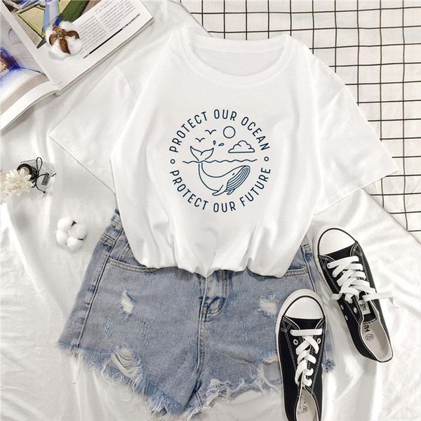 

protect our oceam letter cartoon funny kawaii print women t shirt new summer tumblr fashion casual harajuku loose women clothing, White