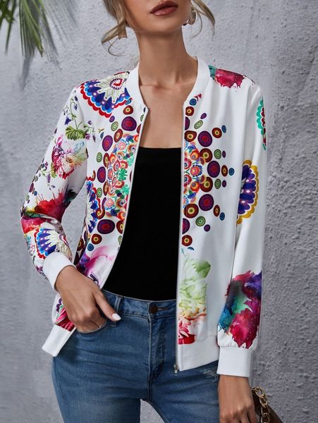 

emery rose floral print zip up bomber jacket u906#, Black;brown