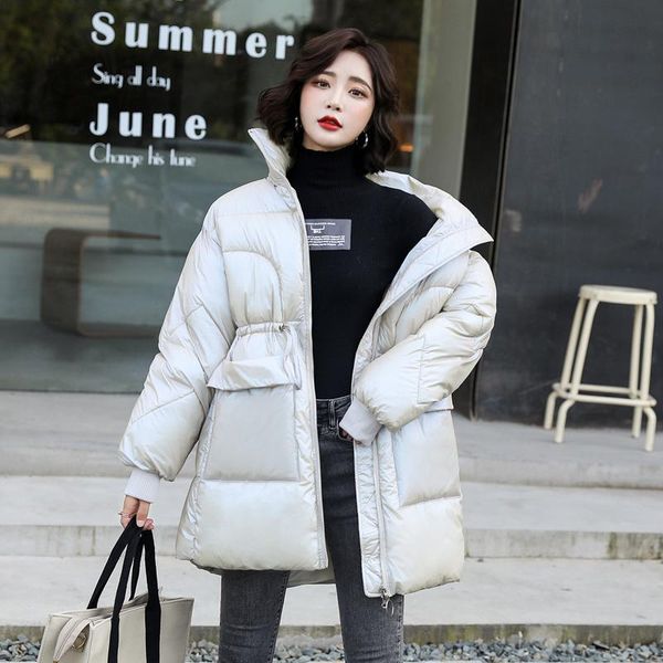 

fashion ladies medium long glossy parka stand collar windproof warm winter jacket women solid slim pocket chic coat 2020 new, Black
