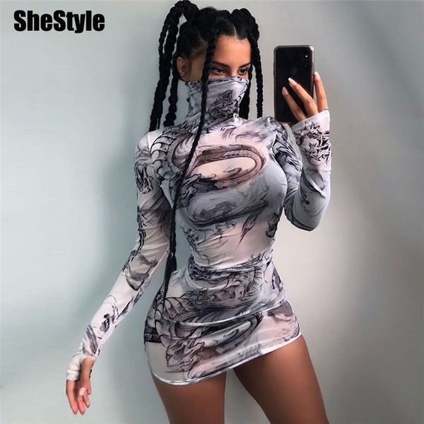 

shestyle mesh dragon print see through dress women turtleneck long sleeve white graffiti bodycon clubwear mini dresses y200418, Black;pink