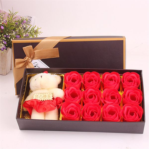 

12 pcs soap rose gift box romantic artificial soap rose with cute bear toy gift box valentine's day flower gift