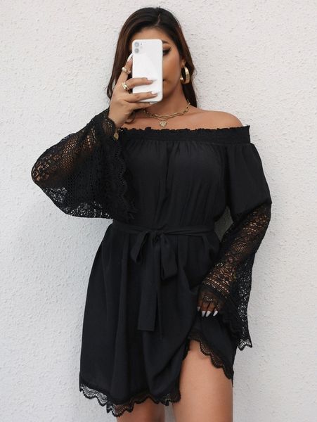 

plus contrast lace off shoulder belted dress a0ps#, Black