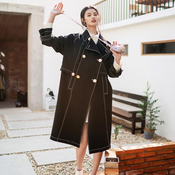 

trench coat women 2020 new spring solid color open line double-breasted long-sleeved loose casual fashion coat z821, Tan;black