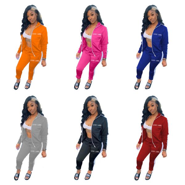 

women lucky lable letters tracksuit embroidery zipper coat high collar jacket and legging pants outfit two piece clothing sets g12201, White