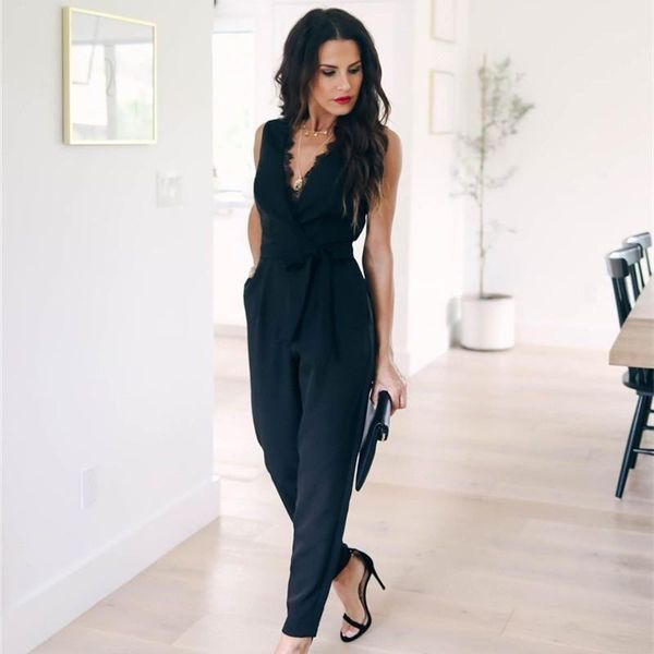 

summer jumpsuit women v-neck sashes sleeveless black lace party club bodysuit casual bow pockets overalls vestidos elegant1, Black;white