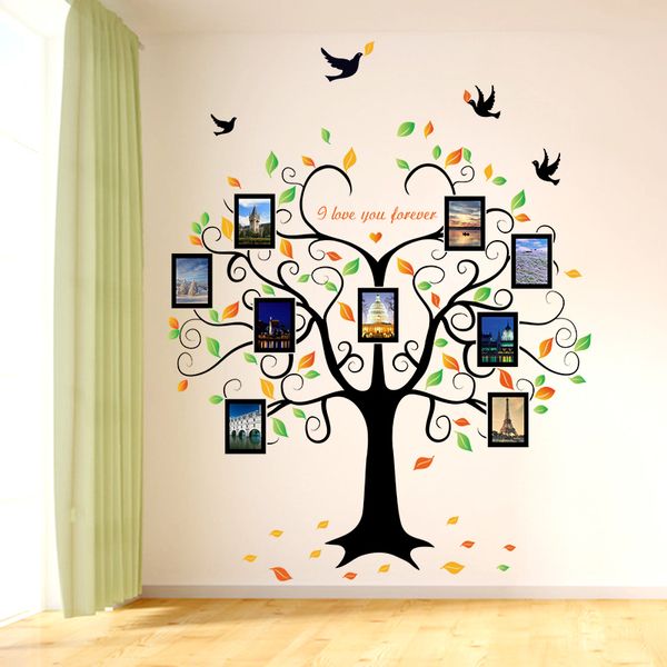 Grande 160 * 204cm Árvore Family Heart-shaped Photo Frame Adesivo de Parede Ame-se para sempre Bird Decals Mural Art Home Decor removível 201106