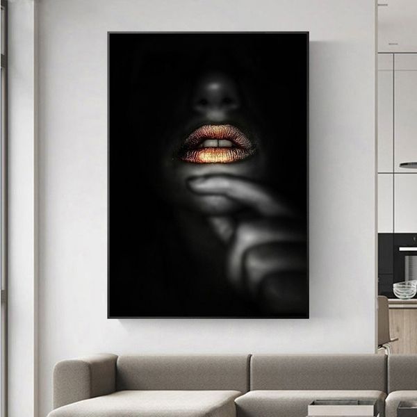 

golden lips canvas paintings modern abstract wall art african girl posters prints wall pictures wall decor cuadros decoracion