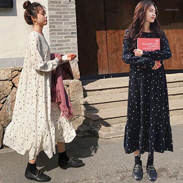 

autumn maternity clothes long sleeve loose chiffon dress plus size pregnant women polka dot ruffles trumpet dresses1 dresses, White