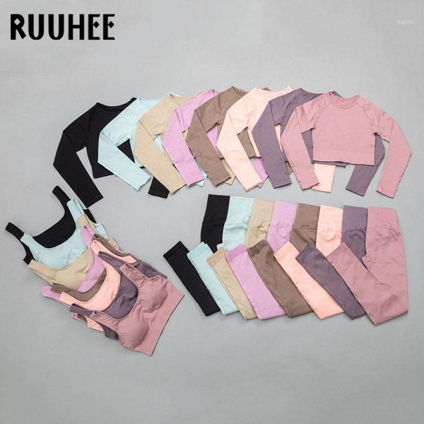 

ruuhee solid seamless women yoga set workout sportswear gym clothing fitness long sleeve crop high waist legging sports suit1, White;red