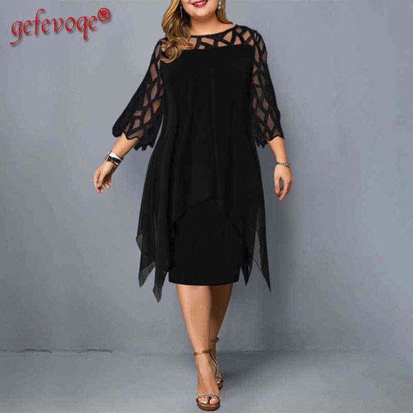 Neue Spitze Mesh Plus Größe Kleider 4XL 5XL 6XL Sexy Elegante Midi Party Kleid Lose Hohl Oversize England Stil vestidos De Fiesta G0214