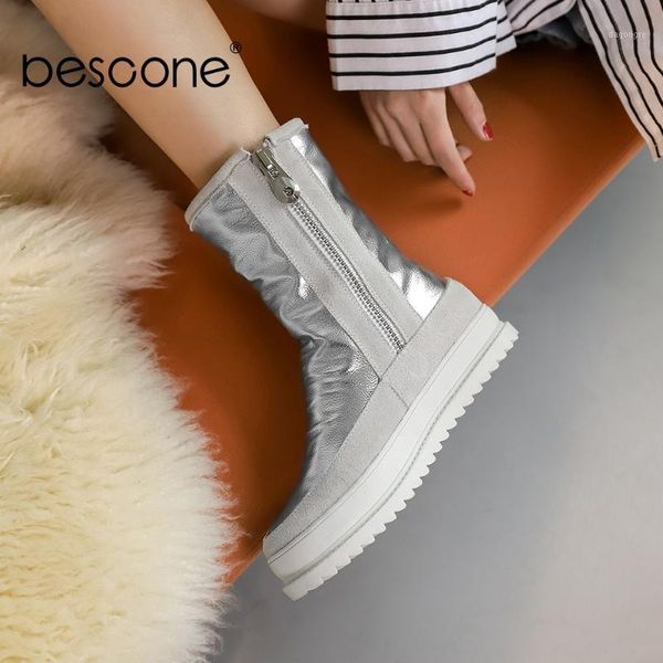

boots bescone winter warm mid-calf woman silver bright leather high platform wool height increasing insole round toe bm6111, Black
