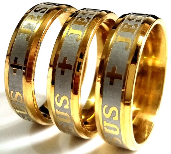 Neue 30 Stück geätzte JESUS KREUZ Edelstahl Ring 316L breit 6 mm Gold religiöse Comfort Fit Band Qualitätsring Herren Damen Schmuck Lot
