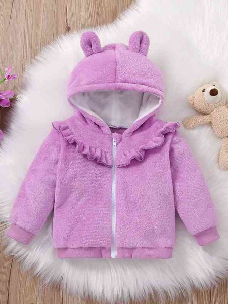 Baby-Teddyjacke mit 3D-Ohren-Design, Rüschenbesatz und Kapuze, SIE