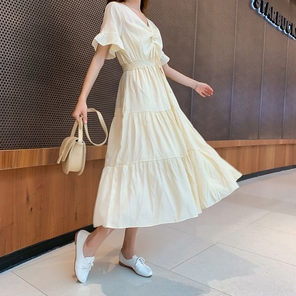 

clvzd 2020 summer new dress elastic waist elegant style korean covering ashaped fashion dress for women with flesh stitching and slimming l7, Black;gray