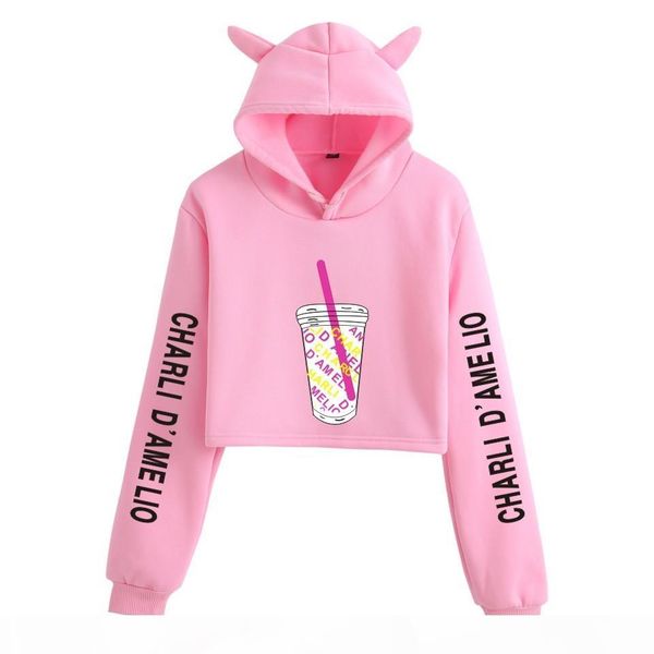 

fashion charli damelio girl funny xcx crop hoodies women hooded short sweatshirt casual trendy streetwear pullover hoodies y200917, Black