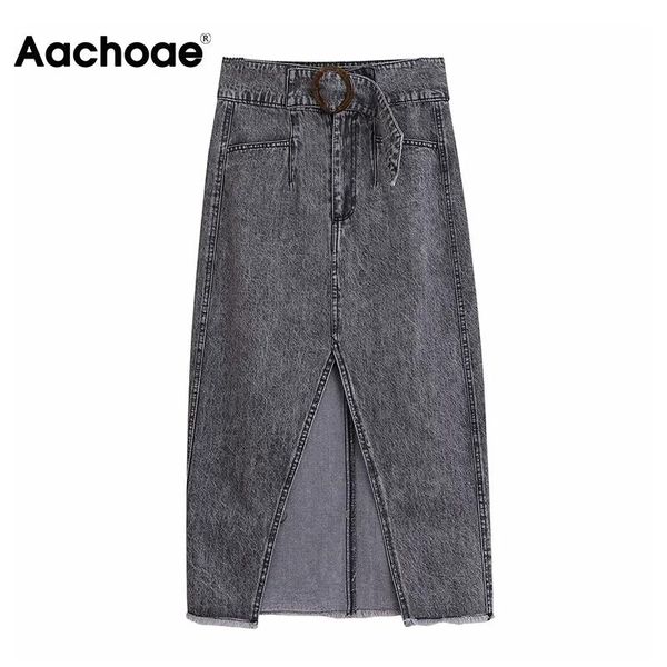 

aachoae women chic gray denim midi skirt with belt 2020 fashion split high waist jeans skirt zipper cotton skirts faldas, Black