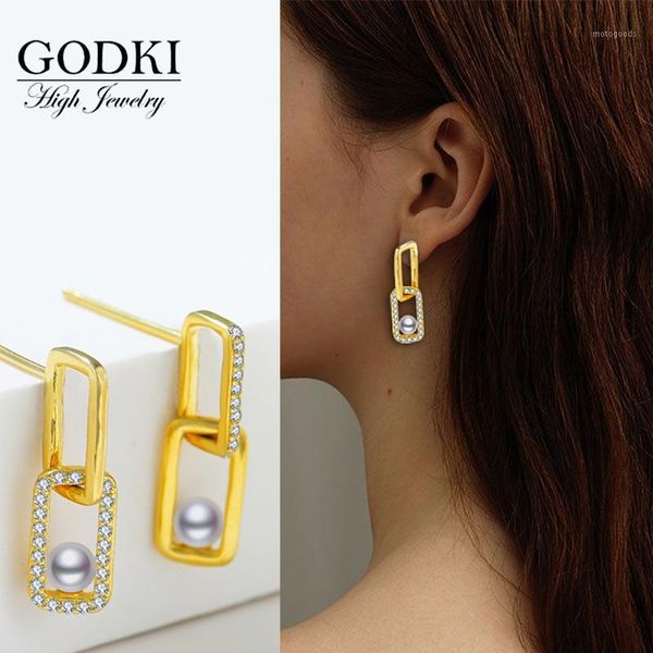 

stud godki real 925 sterling silver earrings handmade designer square with simulated pearls for women wedding party1, Golden;silver