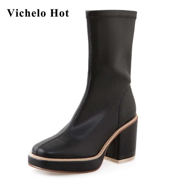 

boots vichelo 2021 winter arrival big size square toe super high heels concise style beauty lady streetwear mid-calf l12, Black
