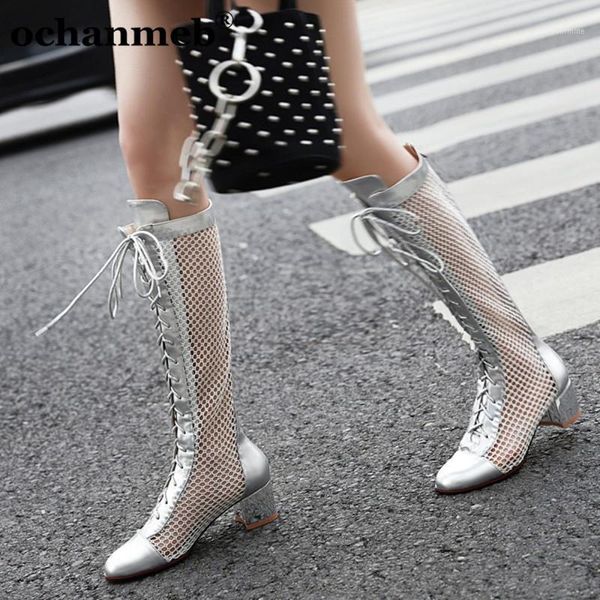 

boots ochanmeb largest size 50 15 women gold silver mesh net knee high shoes woman spring autumn cross tied medium heels boots1, Black