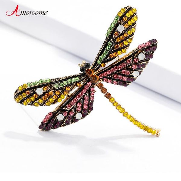 

amorcome colorful dragonfly brooches for women girls scarf collar pin lager metal rhinestone insect brooch party wedding jewelry, Gray