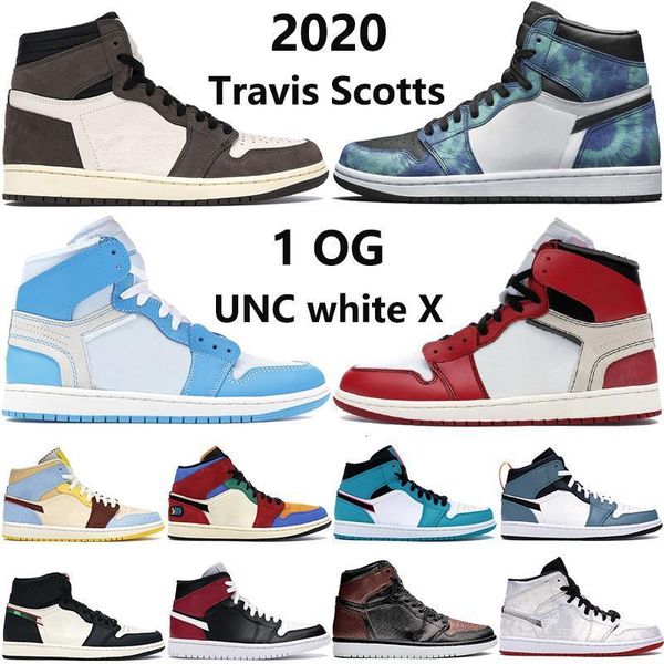 

high 1 with og jumpman box basketball shoes 1s white x unc powder blue travis scotts chicago tie dye men women sneakers trainers, Black