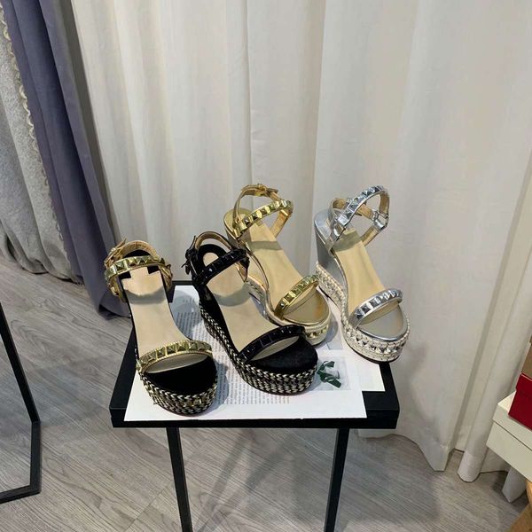 

fashion ladies sandals red bottom wedge sandals gold patent leather studded ladies ankle strap women dress party sandal eu34-41 with box, Black