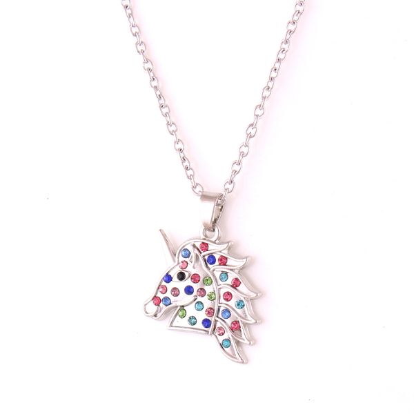 

factorytsxbpendant unicorn plated colorful silver head horse with crystal animal link chain necklace