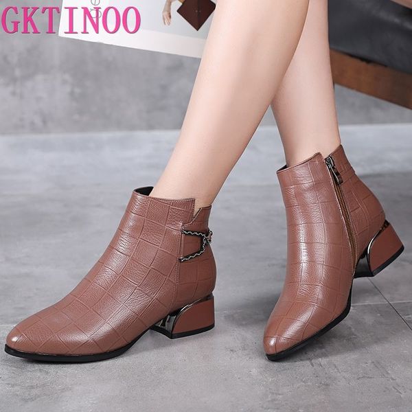 

new ankle boots women pointed toe thick heels genuine leather shoes short boots soft sole footwear plus size 35-43, Black