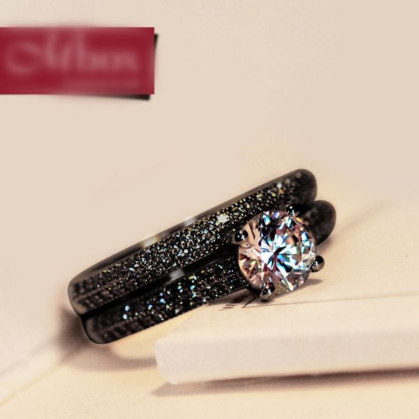 

vintage female crystal round wedding ring set fashion black gold bridal engagement ring promise zircon stone rings for women, Silver