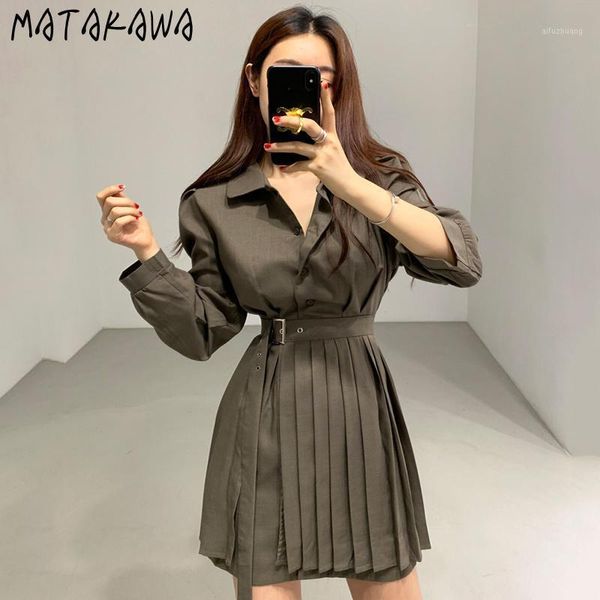 

matakawa two piece set women korean chic autumn retro lapel single-breasted ladies shirt high-waist lace-up pleated skirt1, Gray