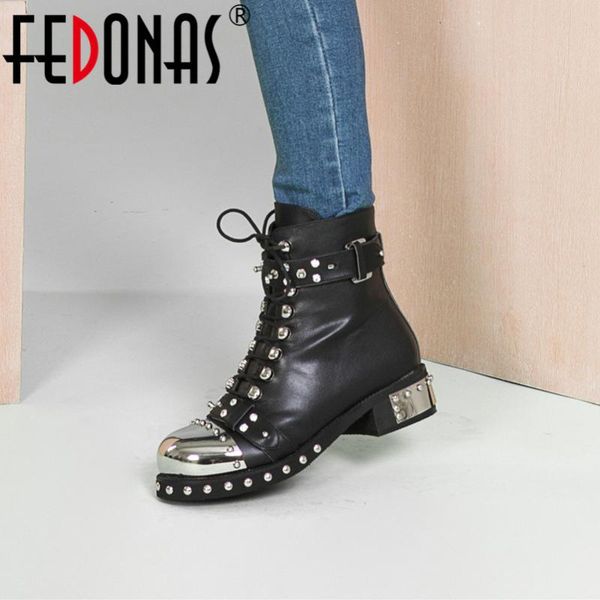 

fedonas brand winter warm short boots quality genuine leather women ankle boots night club shoes woman rivets motorcycle booots, Black