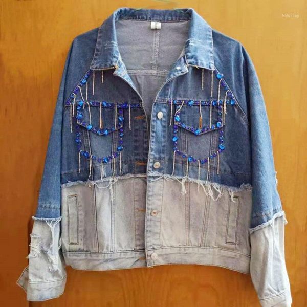 

2020 fashion the new loose heavy work beading splice burr denim jacket, Black;brown