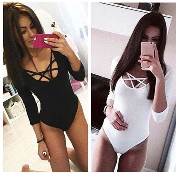 

women 3/4 sleeve bodysuit bodycon lady leotard body jumpsuit t-shirt clubwear v neck hollow out bodysuit, Black;white