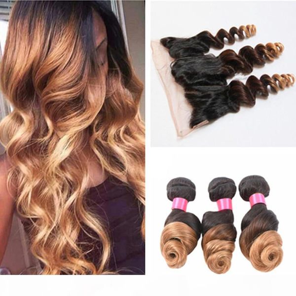 

1b 4 27 three tone ombre human hair extensions ombre brazilian virgin human hair loose wave 13x4 lace frontal closure with bundles, Black;brown