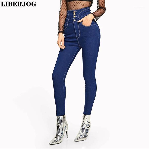 

liberjog women blue jeans elastic high waist row buckle back band lace up denim pencil pants female plus size spring autumn1