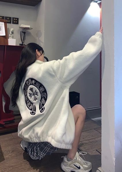 

20ss autumn new crochin horseshoe printed lamb plush granular fleece stand collar coat wool cotton clothing zipper, Tan;black