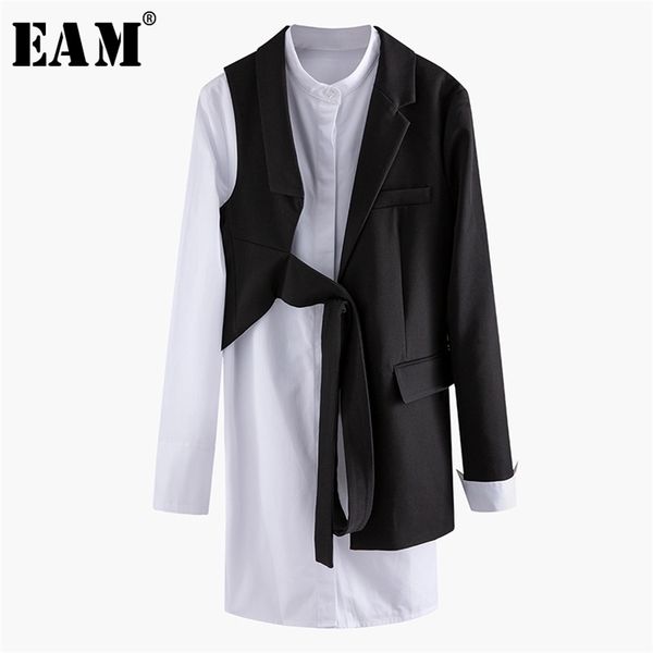 

[eam] women black asymmetrical two piece blazer new lapel long sleeve loose fit jacket fashion tide spring autumn 2020 lj200911, White;black