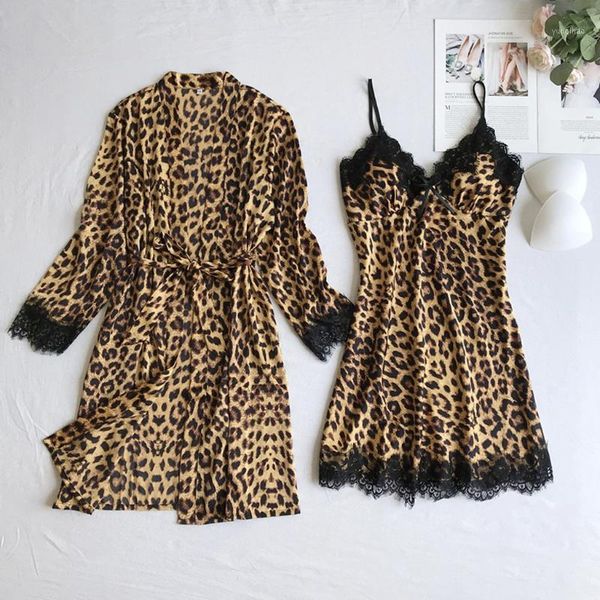 

leopard pajama set satin silk cardigan nightdress bathrobe ladies bath robes underwear sleepwear mujer night wear #r201, Black;red