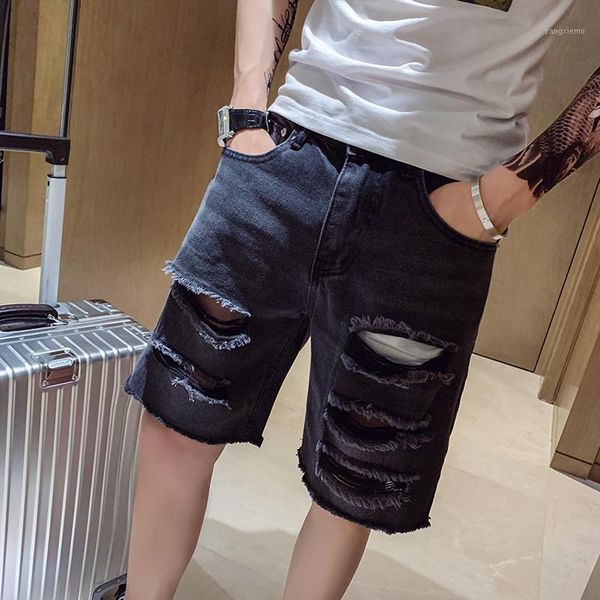 

2020 summer korean fashion loose denim shorts super handsome brokean hole mens short jeans wild youthful shorts1, Blue