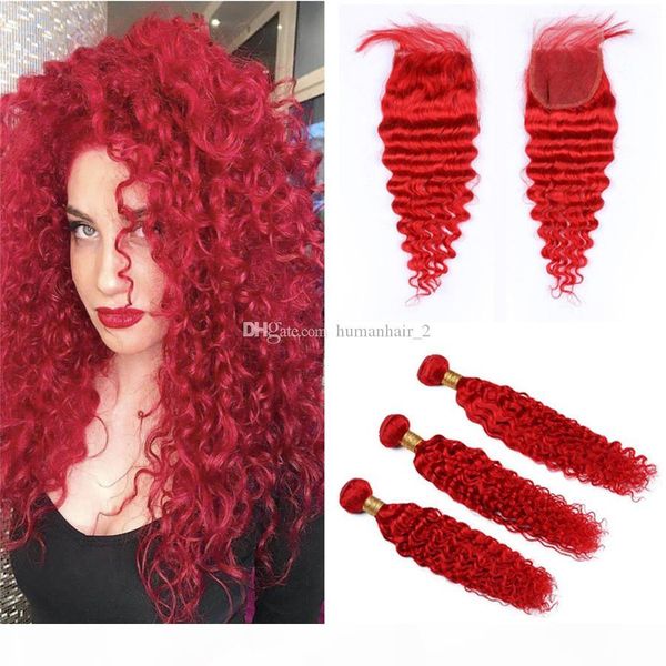 

brazilian virgin human hair extension 3 bundles deals red hair with lace closure part with baby hair deep wavy bundles, Black;brown