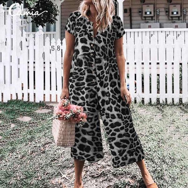 

2020 summer jumpsuits celmia women vintage casual romper leopard print playsuit short sleeve loose buttons wide leg overalls 5xl, Black;white