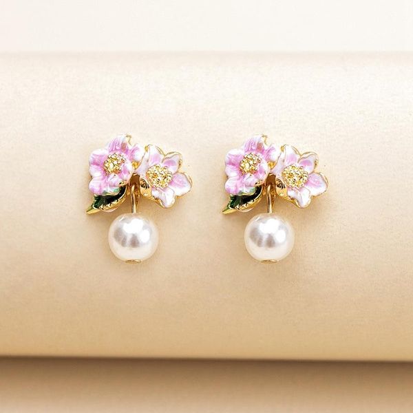 

elegant enamel flower simulated pearl stud earrings handmade fashion jewelry vintage earrings for women gift, Golden;silver