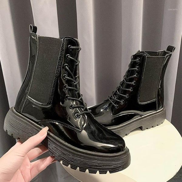 

british matte & parent leather boots women shoes chunky heels riding botas muffins elastic bottes chic lace up botas mujer 20201, Black