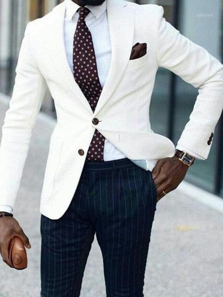 

anniebritney white 2 piece slim fit men suit with navy stripe pants custom skinny groom wedding tuxedo prom wedding men suit set1, White;black