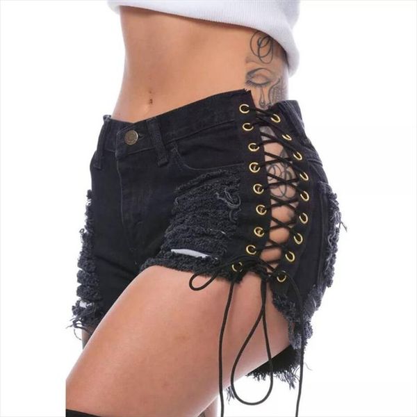 

high waist women side slit bandage ripped denim shorts women vintage hole jeans shorts lady party club punk bottoms, White;black