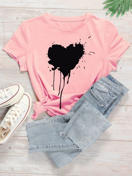 

plus paint splatter and heart print tee s0tb#, Black