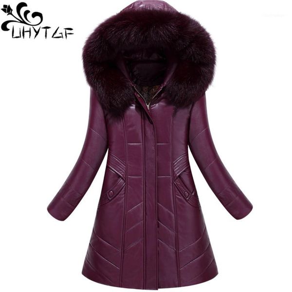 

uhytgf l-7xl fashion fur collar hooded winter leather jackets womens leather jacket down cotton slim warm female coat 1261, Black