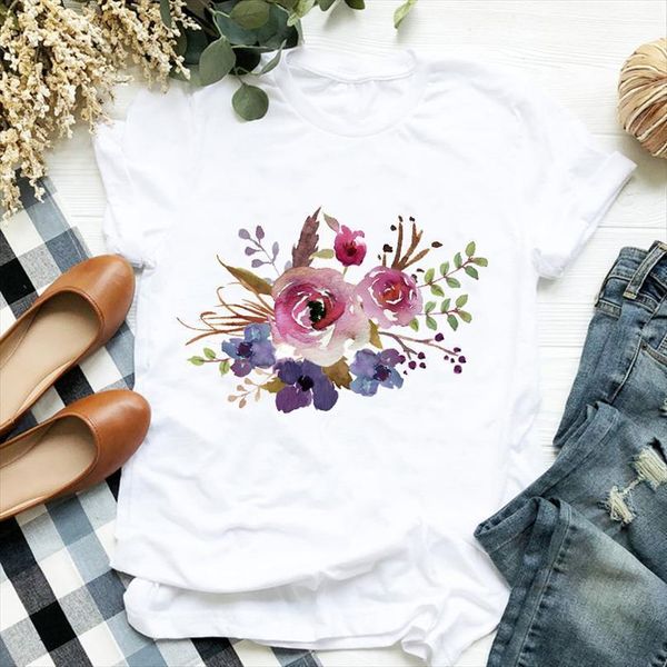 

women lady t shirt sunflower floral printed tshirt ladies short sleeve loose tee shirt women female clothes graphic t-shirt, White