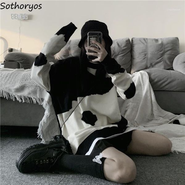

pullovers sweaters women cow-pattern vintage panelled korean oversize knitted sweater girls harajuku streetwear all-match casual1, White;black